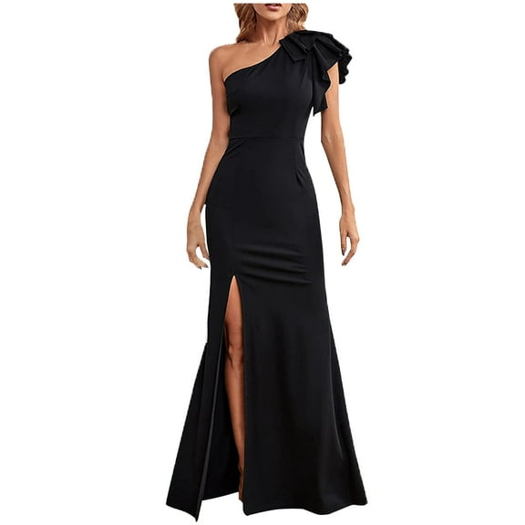 Alkepwun Ruffle One Shoulder Dresses for Women Sexy Long Formal Gown High Waist Split Guest Party Maxi Dress