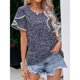thumbnail image 3 of Blusa con mangas de pétalos Manga corta Blusa holgada con estampado floral Blusa informal con mangas de pétalos para citas de mujeres, 3 of 8