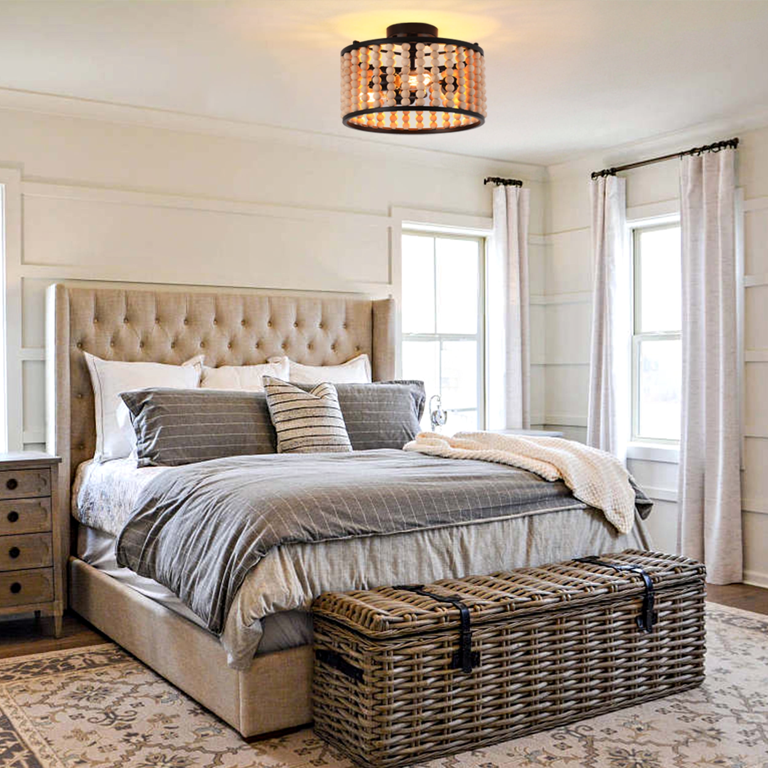 GCGAFUL Bohemian Wood Beaded Flush Mount Ceiling Light. It is an Rustic 3 Light. The 13 Inch Mini Round Black Version Is Suitable For Girls' rooms, Bedrooms, Hallways, With E26 base.