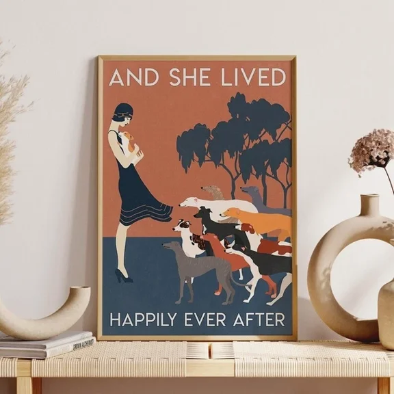 Kna Prints - 1 Pc Poster Girl And Dogs Wall Art, And She Lived Happily Ever After Poster, Gift For Dog Mo, UNFRAMED-8x12