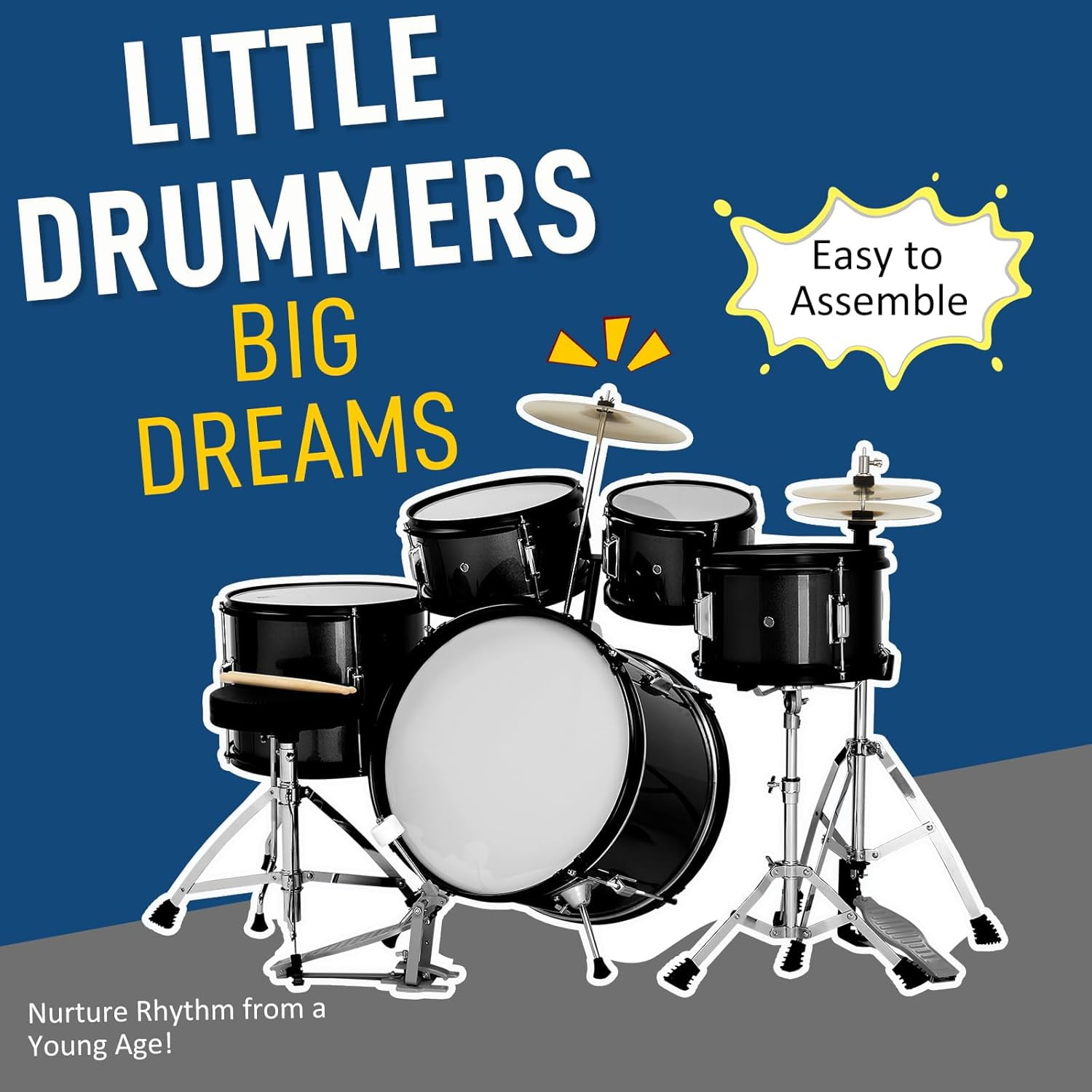 HarmonyStrings 5-Piece Complete Junior Drums Set, 14 Inch Beginners Drum Kit with Throne Stool, Pedal & Drumsticks, Drums Musical Instruments W/Cymbal, Hi-Hat, Floor, Tom and Snare Drum 16"x11" Black