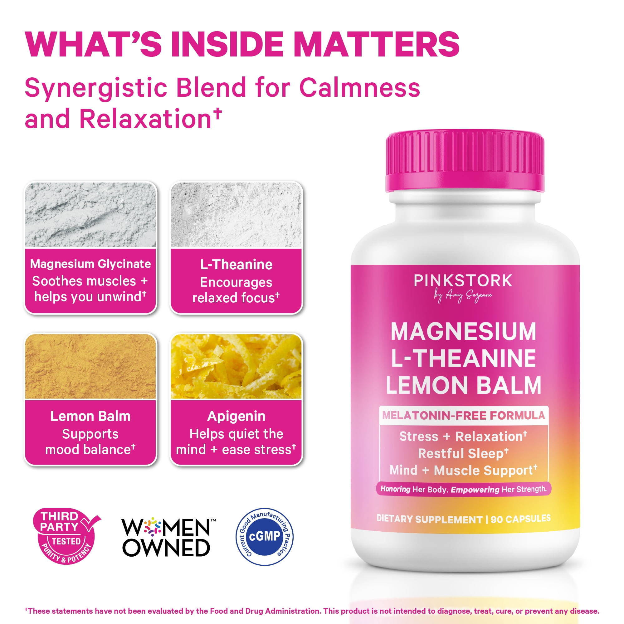 Pink Stork Magnesium Glycinate, L-Theanine, Lemon Balm - 90 Count