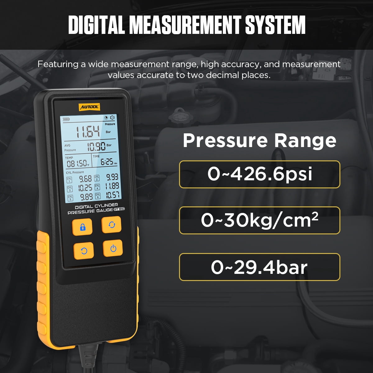 AUTOOL PT610 Digital Cylinder Compression Pressure Tester, 0-426PSI 0~29bar Auto Petrol Engine Gauge Tool Kit with Adapters & Hoses