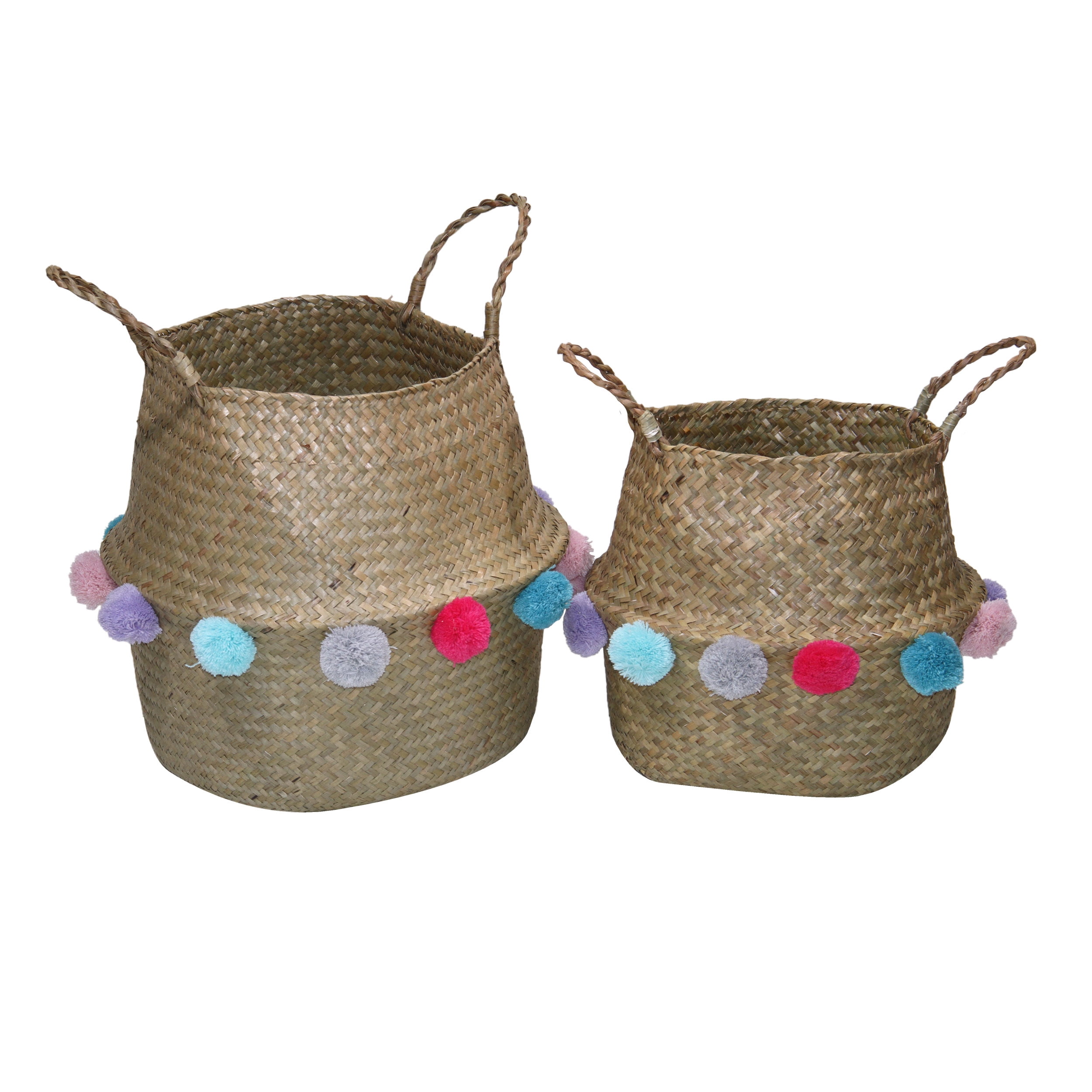Natural Woven Laundry Basket Bin Hamper Baby Toys Containers Diaper Bag with Pom Poms for Nursery Kids Room Storage Large Cotton Rope Basket Pink