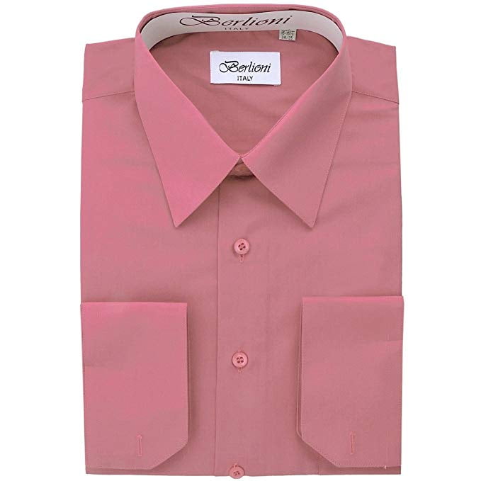 FREE TIE Berlioni Italy Men/'s Convertible Cuff Solid Dress Shirt Navy