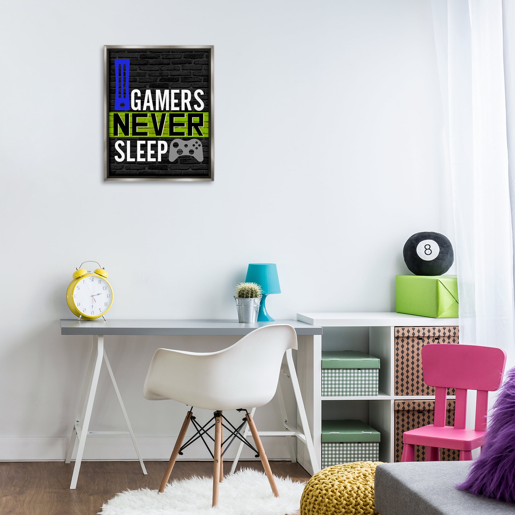 Stupell Industries Gamers Never Sleep Typography Painting Gray Floater Framed Art Print Wall Art, 17 x 21