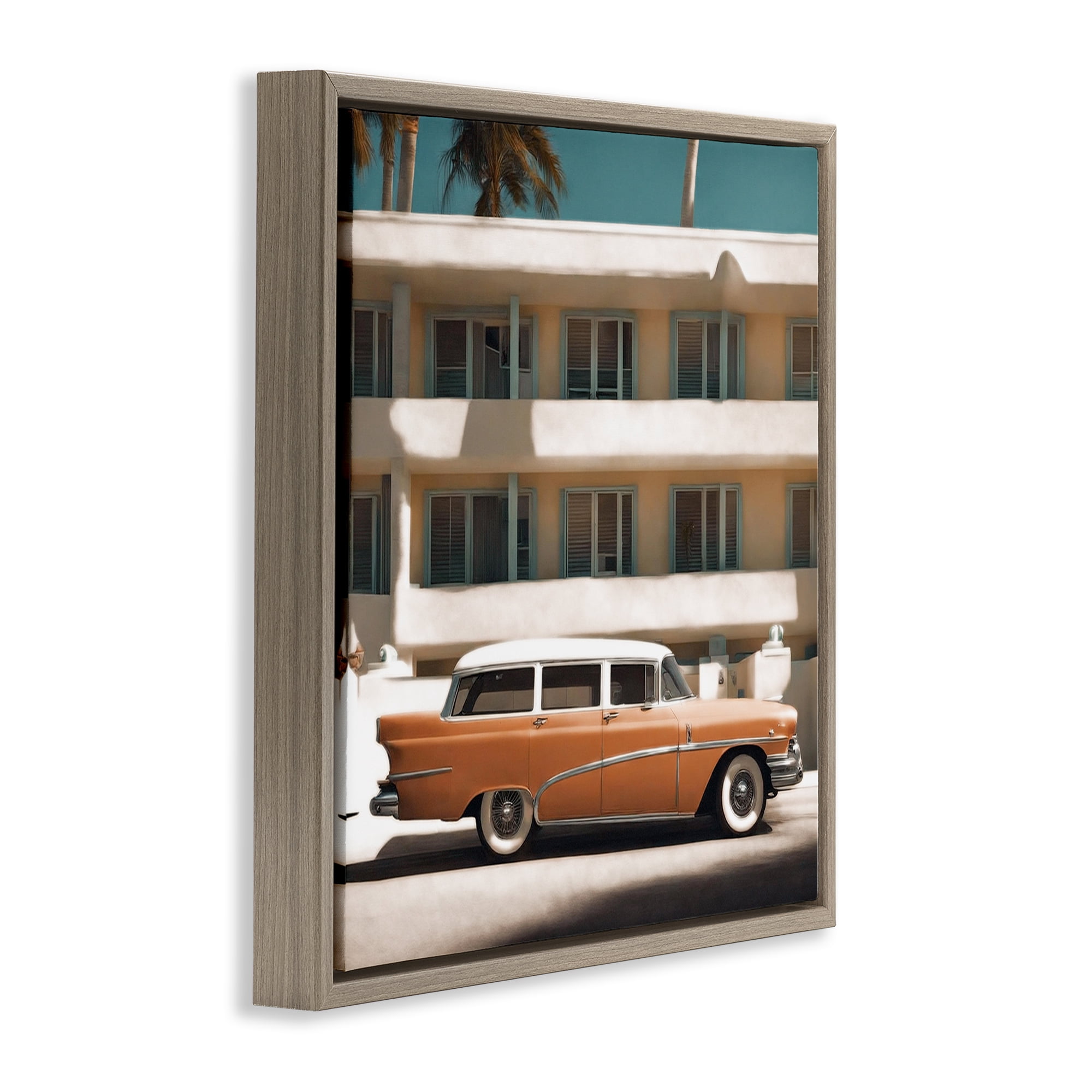 Stupell Industries Antique Car in Miami Transportation Painting Brown Floater Framed Canvas Art Print Wall Art, 25 x 25