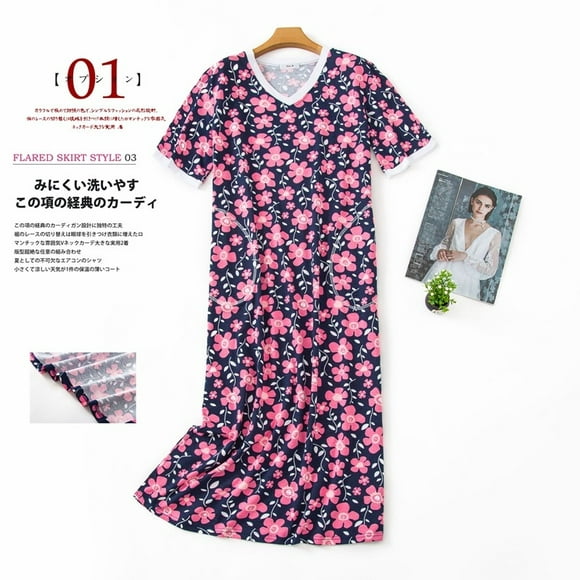 VOINALOMO Women's All Cotton Nightdress Short Sleeves Print Cotton Sleepwear One Piece