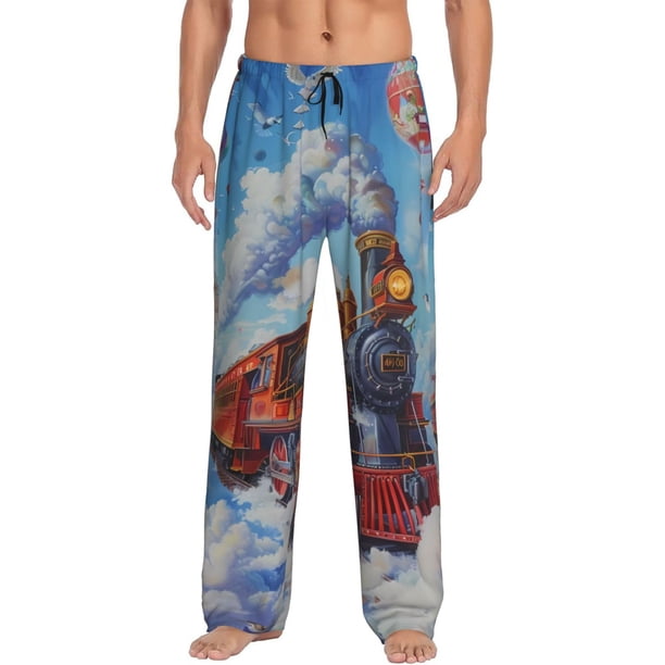Fotbe Cartoon Train Hot Air Balloon Pantalones de Pijama para Hombre, Pantalones de Dormir, Pantalones de Casa con Cintura Ajustable y Bolsillos-Small