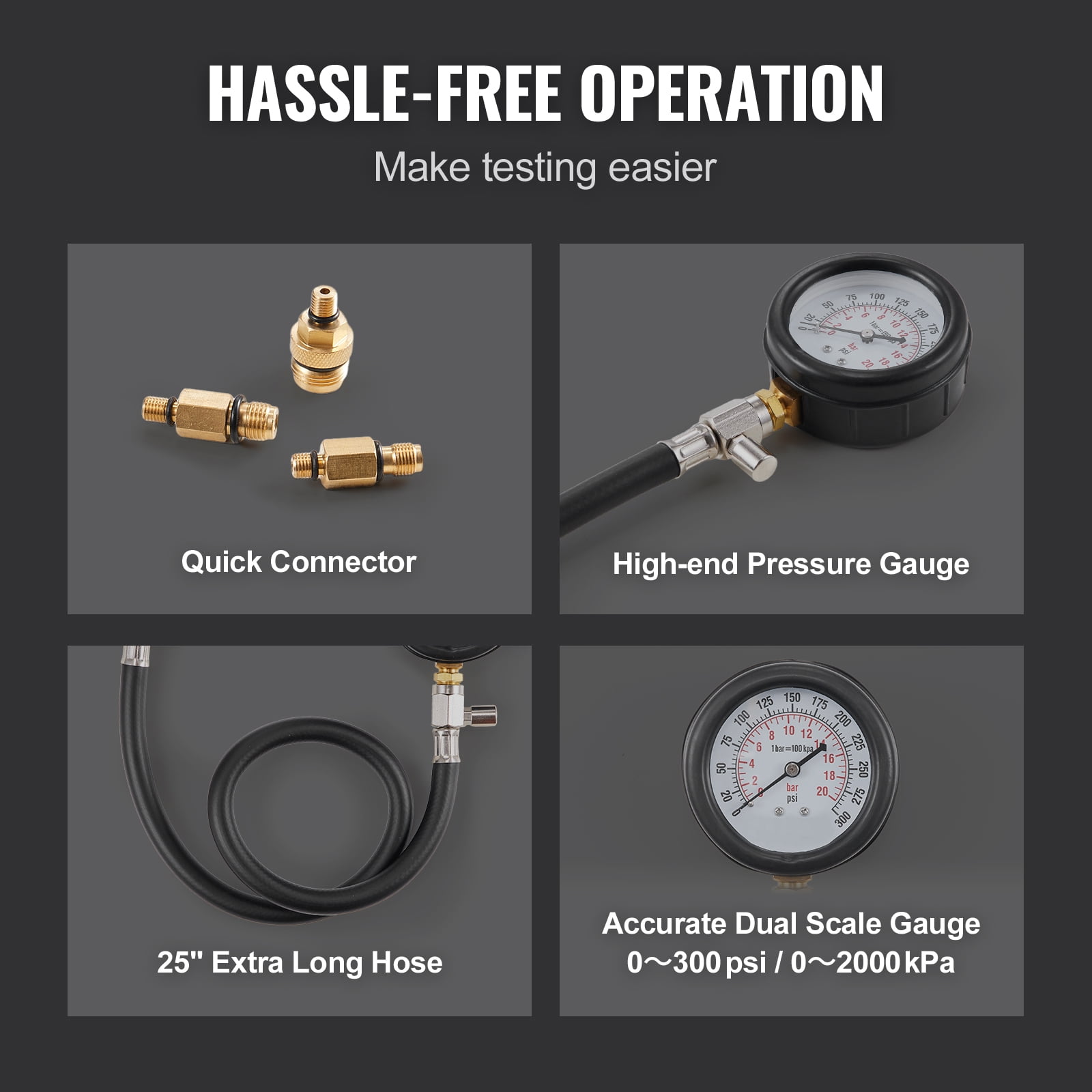 SKYSHALO 9 Pcs Automotive Engine Cylinder Leak Down Compression Test, Accurate Dual Scale Pressure Gauge 0-300 psi, with Long Reach Hoses and Case for Engine Cylinders Compression Tester Adapter Kit