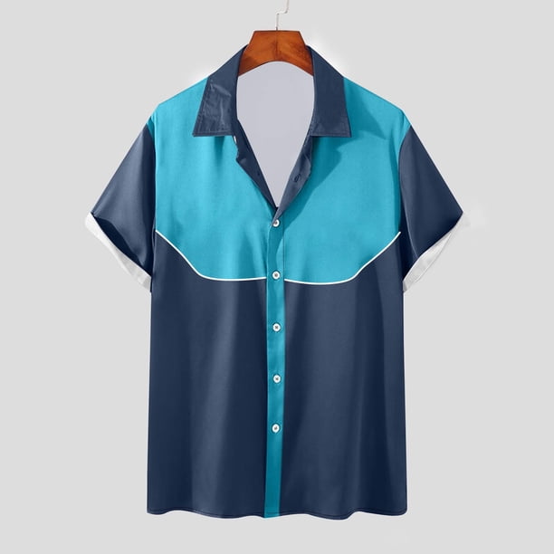 Camisa Elvqul para Hombre Economicas Azul Celeste de Bloques de Color Manga Corta Solapa Botones