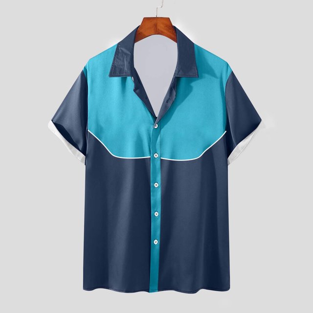 Camisa Elvqul Hombre Casual Manga Corta con Estampado de Bloques de Color Azul Celeste con Solapa Botones