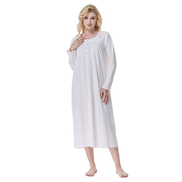 Keyocean Winter Nightgowns for Women, Soft 100% Cotton Long Sleeves  Lightweight Comfy Ladies Sleepwear Gown, Cream, X-Large (XL) 