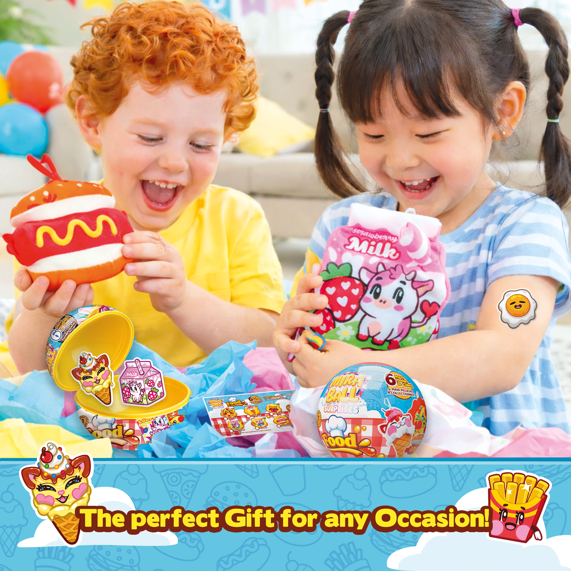 Miraball Surprises Food - Pack of 3, Blind Capsule Toys with Expandable Memory Foam Plush & Stickers - Fun Mystery Plush Balls for Kids Collectible Toy Surprises, Party Favors, Gifting