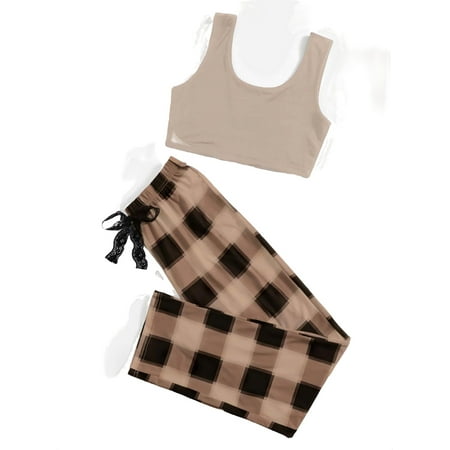 

Women s Pajama Sets Multicolor Casual Plaid Scoop Neck Pant Sets Sleeveless