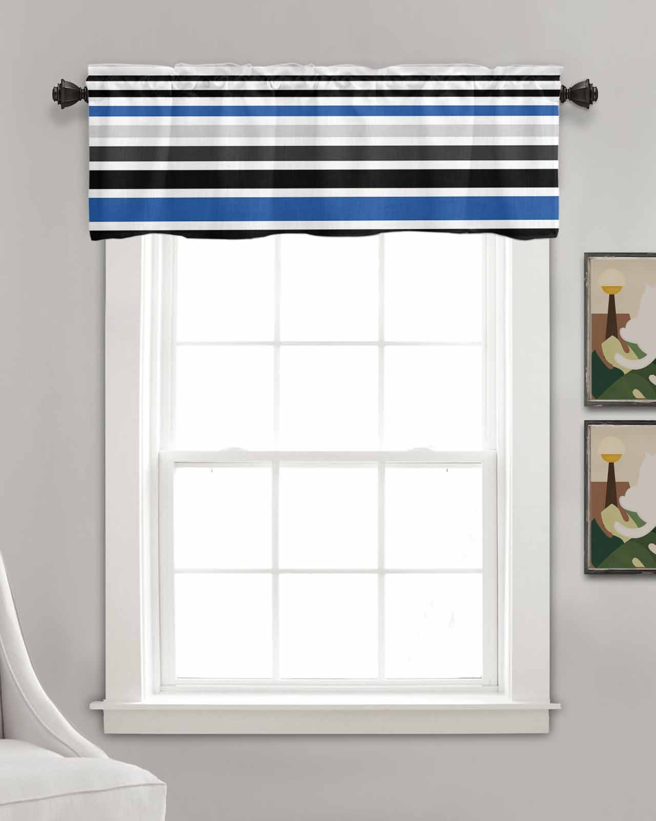 Navy Blue Black Stripe Kitchen Valances for Windows Farmhouse Linen Window Valance Curtain for Living Room Window Treatment Modern Abstract Coarse Striped Valance Rod Pocket Topper, 54 x 18 Inch