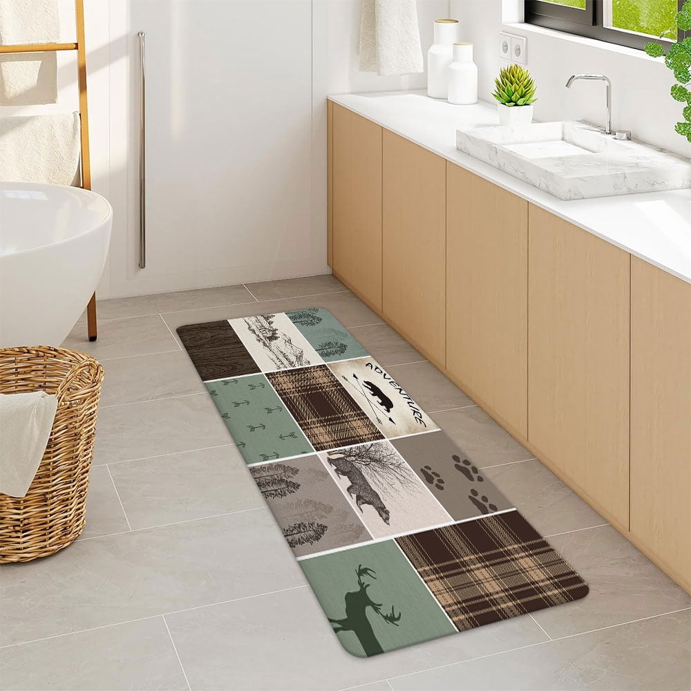 Rustic Cabin Bath Mat,Bear Deer Forest Woodland Farmhouse Brown Flannel Non Slip Mat Rug,Forest Vintage Wood Bathroom Kitchen Door Mat,16X48in