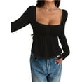 thumbnail image 2 of Women'S Babydoll Tops Long Sleeve Henley Shirts Cute Square Neck Coque-Tte Peplum Top Black L, 2 of 7