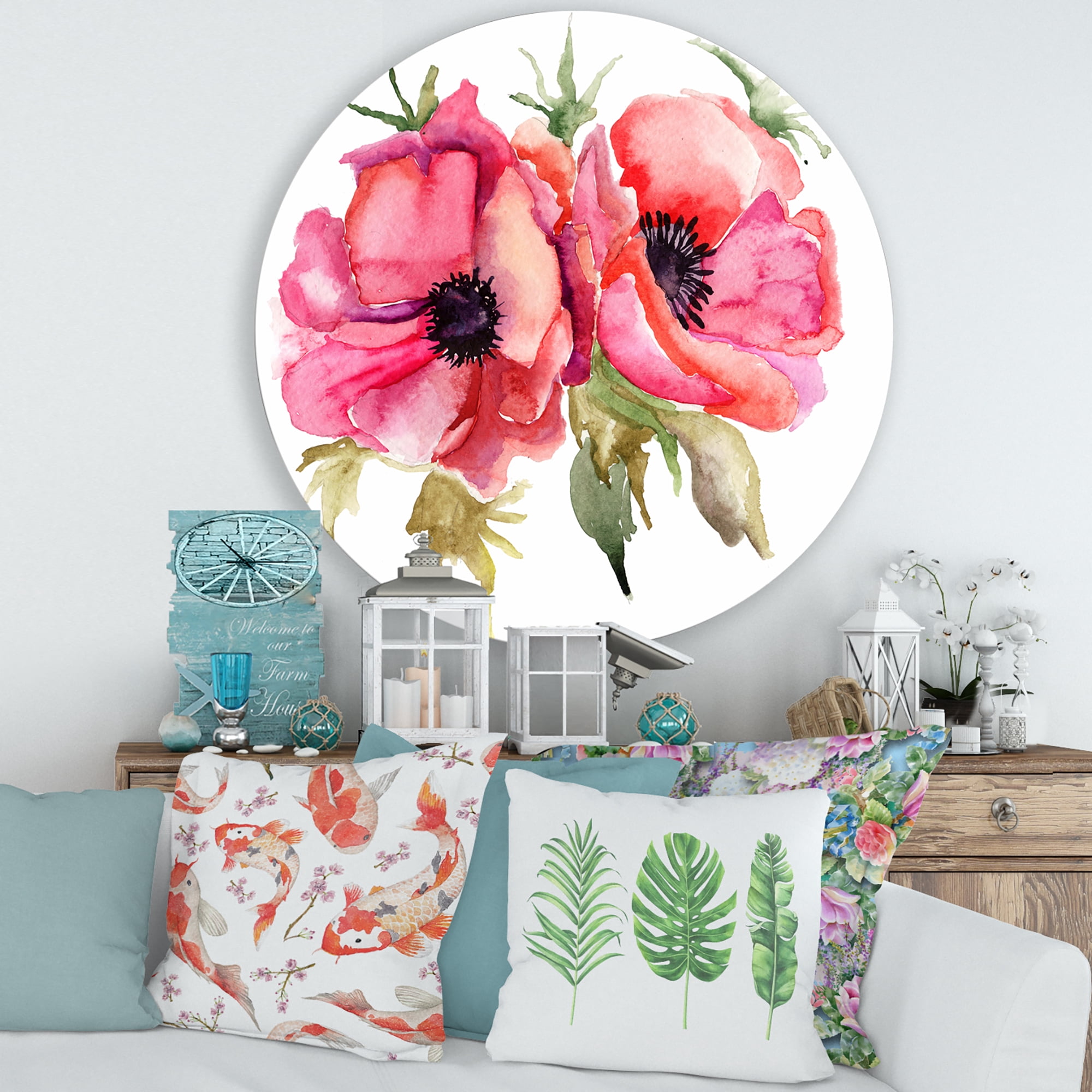 Designart 'Stylized Pink Poppy Flowers' Traditional Circle Metal Wall Art 29x29 - Disc of 29