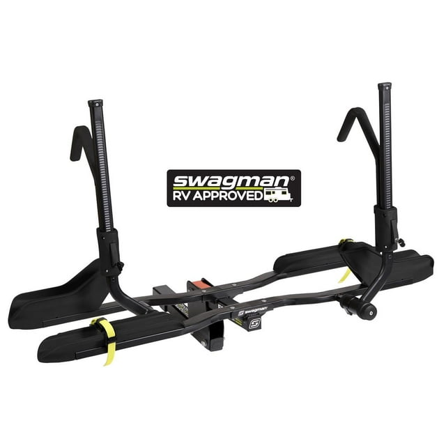 Swagman Bike Rack 66693 ESCAPEE; 2 Inch Receiver Hitch Mount; 60lbs Per Bike Weight Capacity; Zero Frame Contact; Locking Racheting Hooks; Foldable; Black; Steel; Accommodates up to 5 Inch Wide Tires