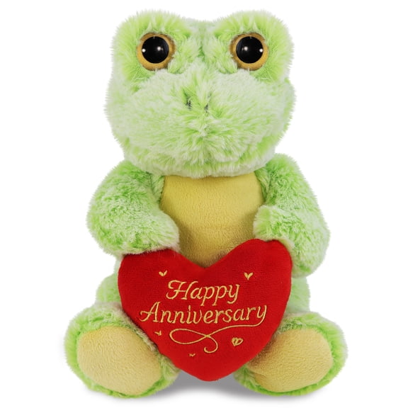 DolliBu Sitting Frog Stuffed Animal with Happy Anniversary Red Heart Plush - Soft and Cuddly Wildlife Animal Frog Plush Toy Gift for Couples or Friends - 9 Inches