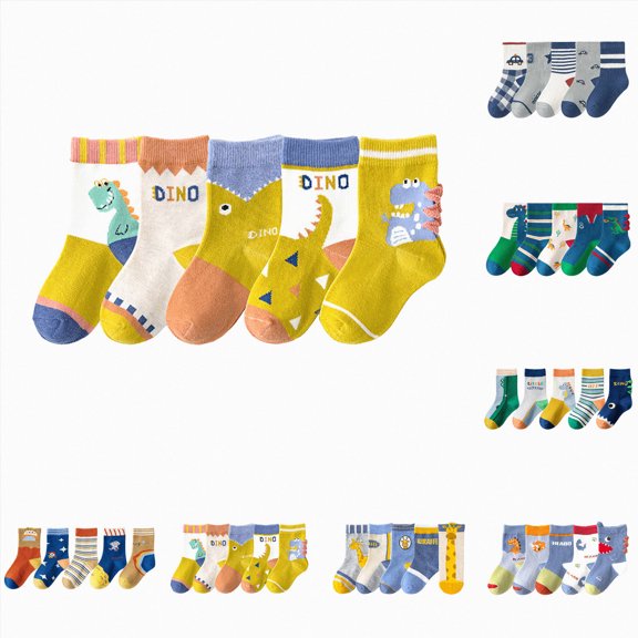CAUYDY 3T 4T 5T Baby Boys Floor Socks 5PC Set Toddler Cute Cartoon Print Crew Socks for Fall Winter Spring Sizes 3-5 Years