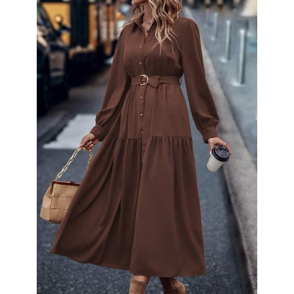 Chocolate Brown Lantern Sleeve Tiered Hem Belted Shirt Dress Maxi For Women