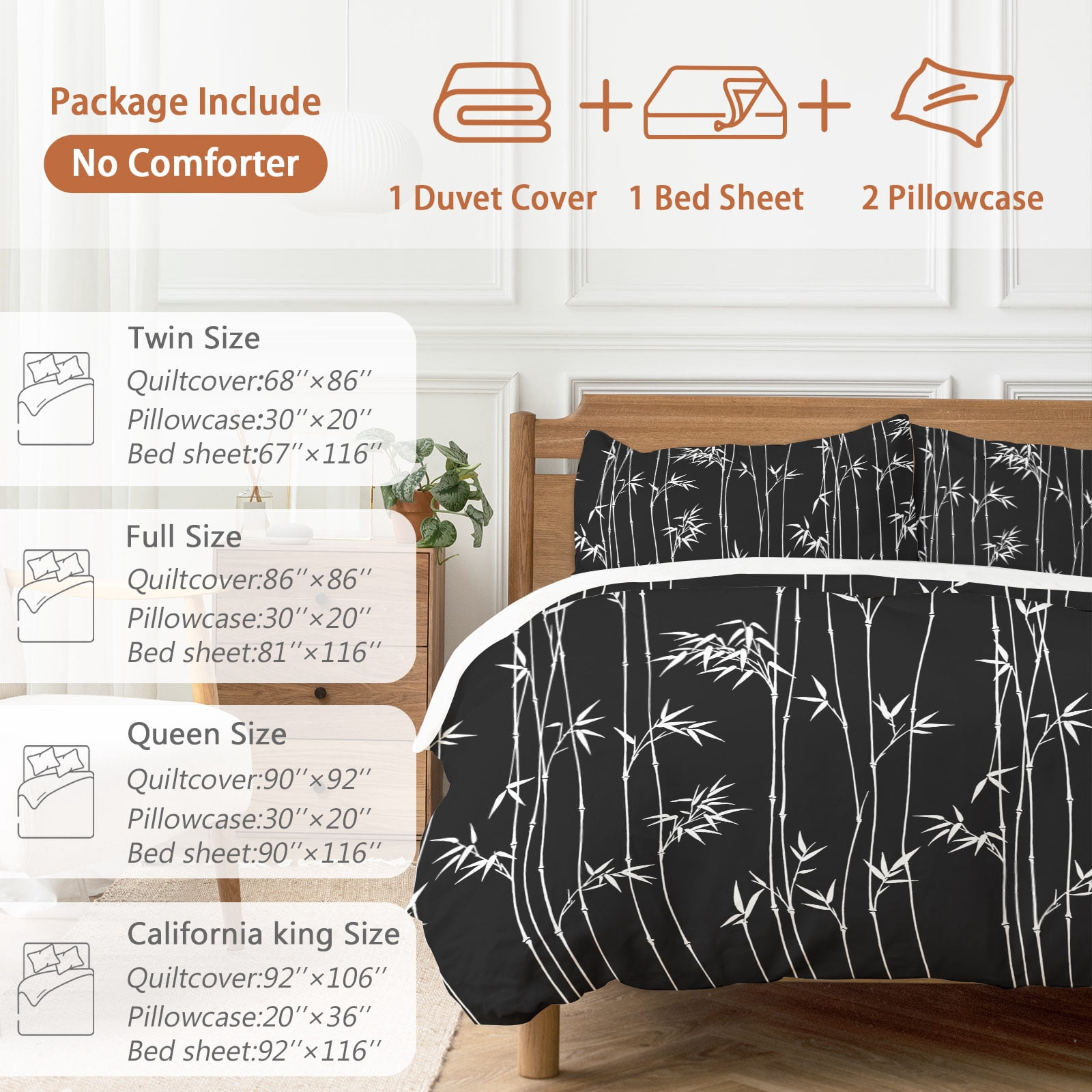 Black Bamboos Comforter Set Queen Size, Minimalist White Bamboos Stems Leaf Soft Bedding Set for Man Woman, 4 Pieces Duvet Cover Set with Fitted Sheet, 2 Pillowcases
