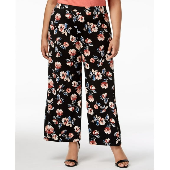 Monteau Trendy Plus Size Floral Print Soft Pants Black Floral 1X