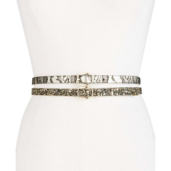 INC International Concepts Women’s Glitter & Lace 2-for-1 Skinny Reversible Belts, Gold, X-Large