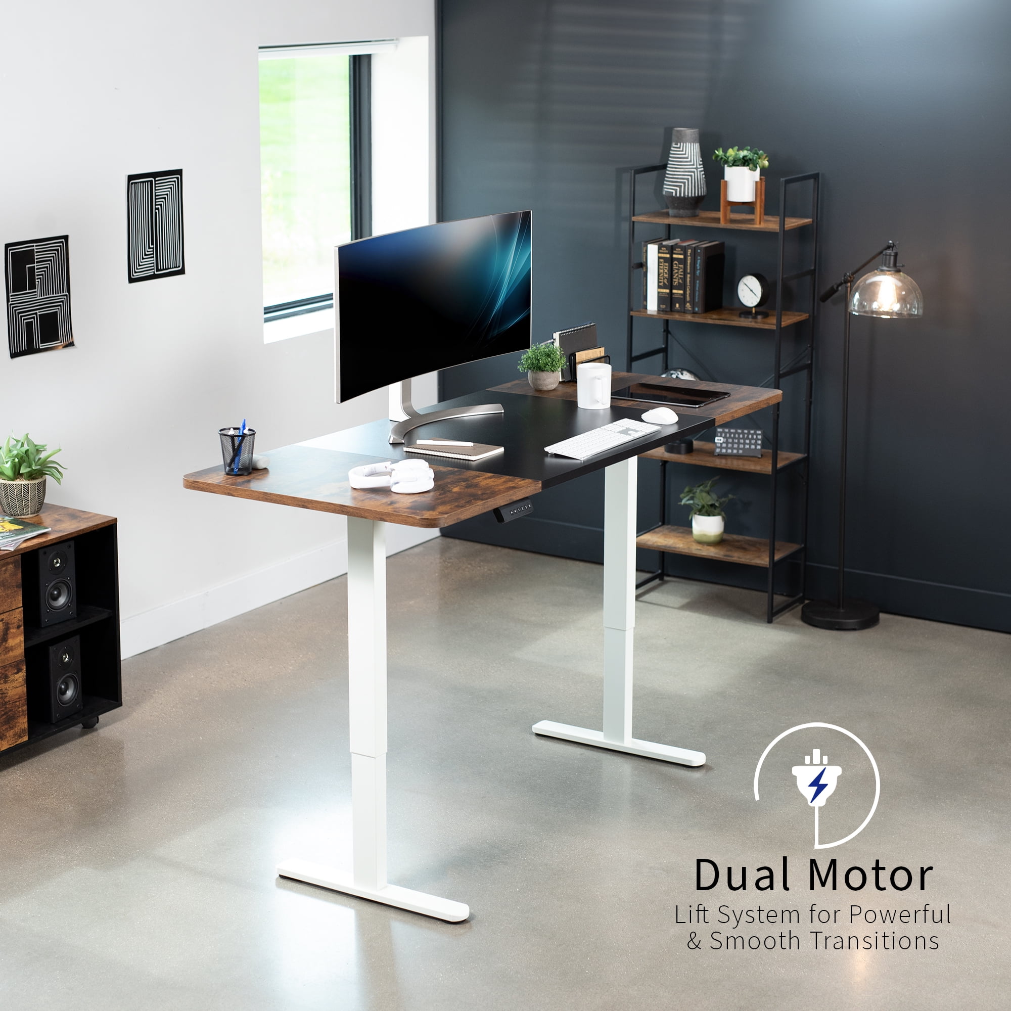 VIVO Electric Dual Motor 71” x 30” Desk, Black & Vintage Brown Top, White Frame