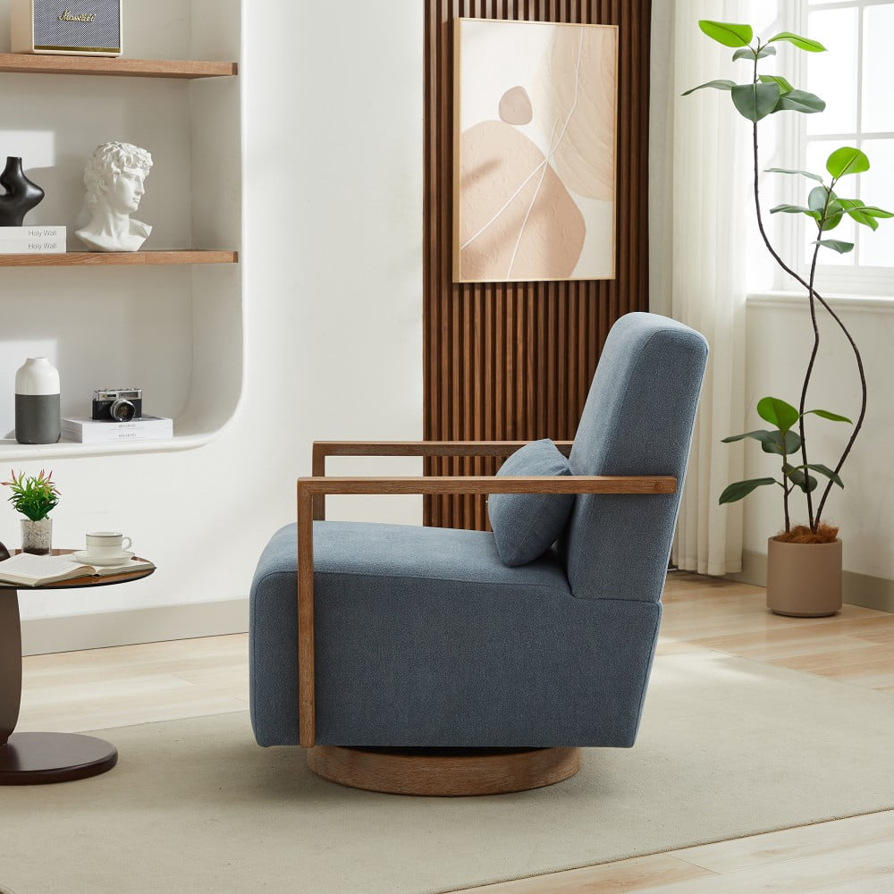 Swivel Accent Chair, 360 Degree Modern Upholstered Lounge Chair with Solid Wood Armrests, Linen Blend Fabric, Comfy Reading Chair for Living Room, Bedroom & Office, Blue