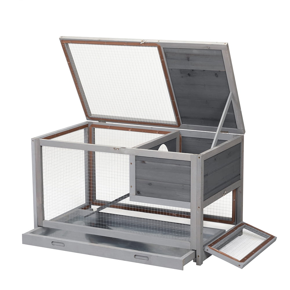 Kadyn Rabbit Cage with Pull-Out Roof and Removable Tray for Indoor-Outdoor Compartment, Large Rabbit Cage with Ladder, Gray Kadyn Rabbit Cage with Pull-Out Roof and Removable Tray for Indoor-Outdoor Compartment, Large Rabbit Cage with Ladder, Gray