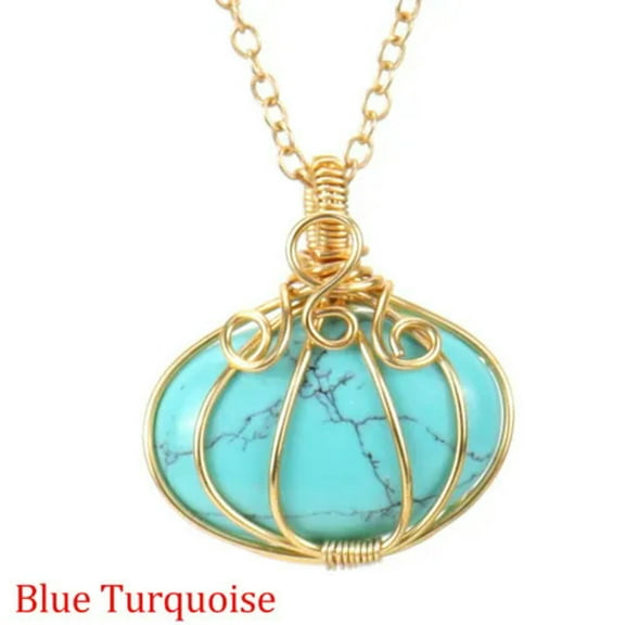 1X Crystal Pumpkin Wire Wrapped Necklace Copper Pendant Halloween Autumn Jewelry