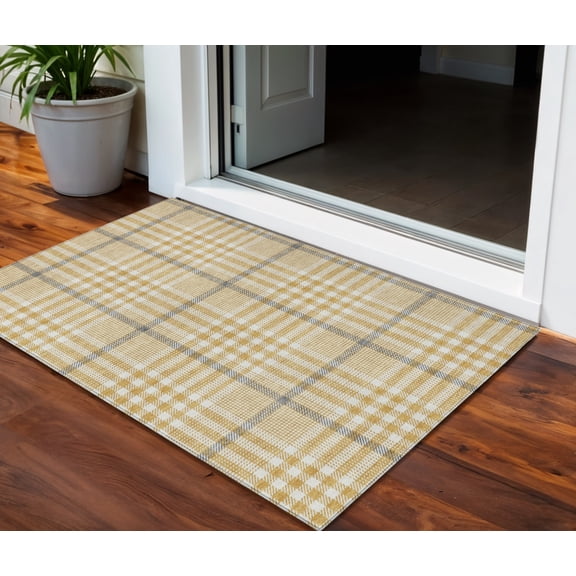 3' X 5' Gold Gray And Beige Plaid Washable Indoor Outdoor Area Rug