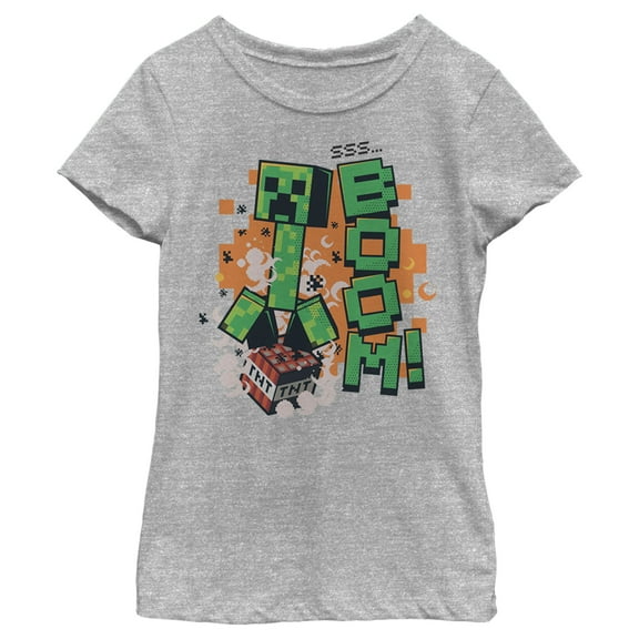 Girl's Minecraft Creeper Boom  Graphic Tee Athletic Heather X Small