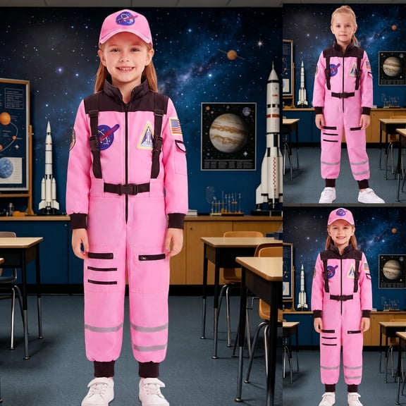 Pandaie Girls Astronaut 2Pcs Costume Set Zipper Jumpsuit with Embroidered Cap for Halloween Space Themed Party Light Pink,8-10 Years