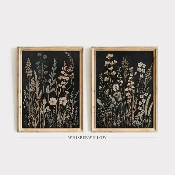 UNFFRAMED Neutral Wildflower Botanical Wall Art Set Of Two 2, Neutral Modern Wall Decor, Black Background, Floral Illustration Set 2 Prints 8x12