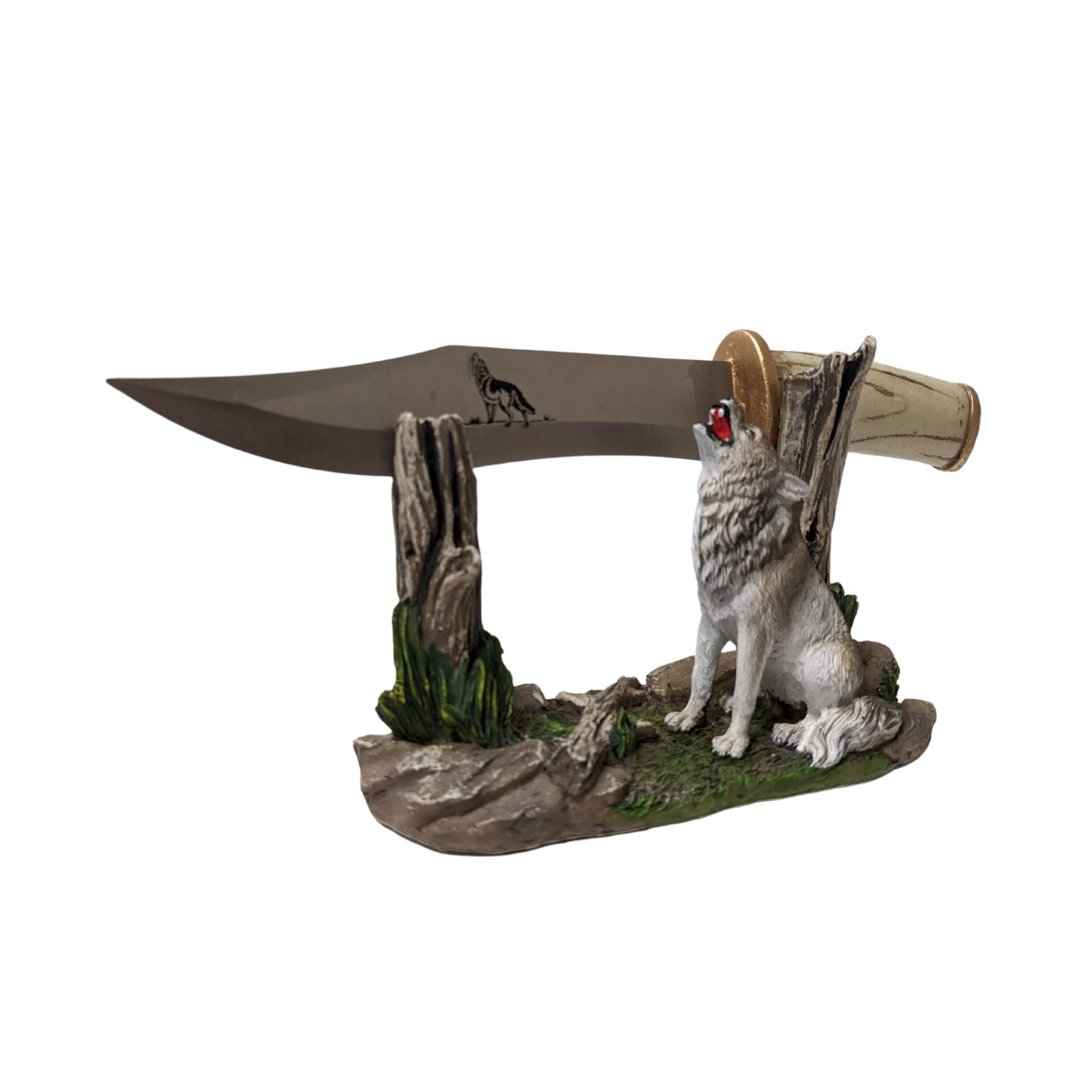 Decorative Hunting Blade Knife with Wolf Display Stand