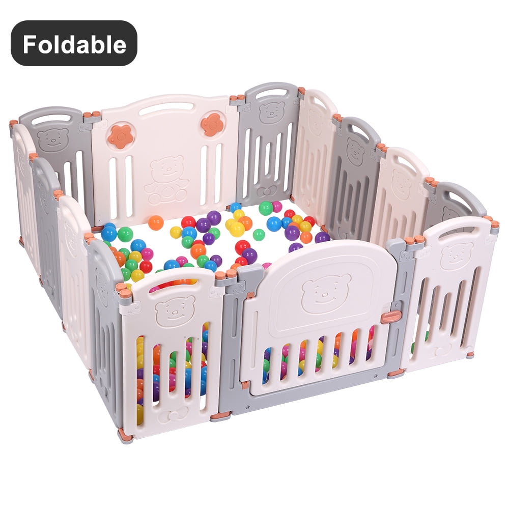 Kepooman 14 Panel Kids Foldable Portable Playpen for Baby, Gray & White