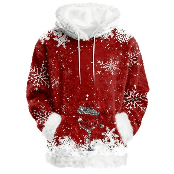 Hoodies For Women Oversized Winter Plush Cute Sweatshirts Pullover Trendy Fall Winter Clothes, Christmas Print Flannel Hoodie, Comfortable and Warm,Wine,M