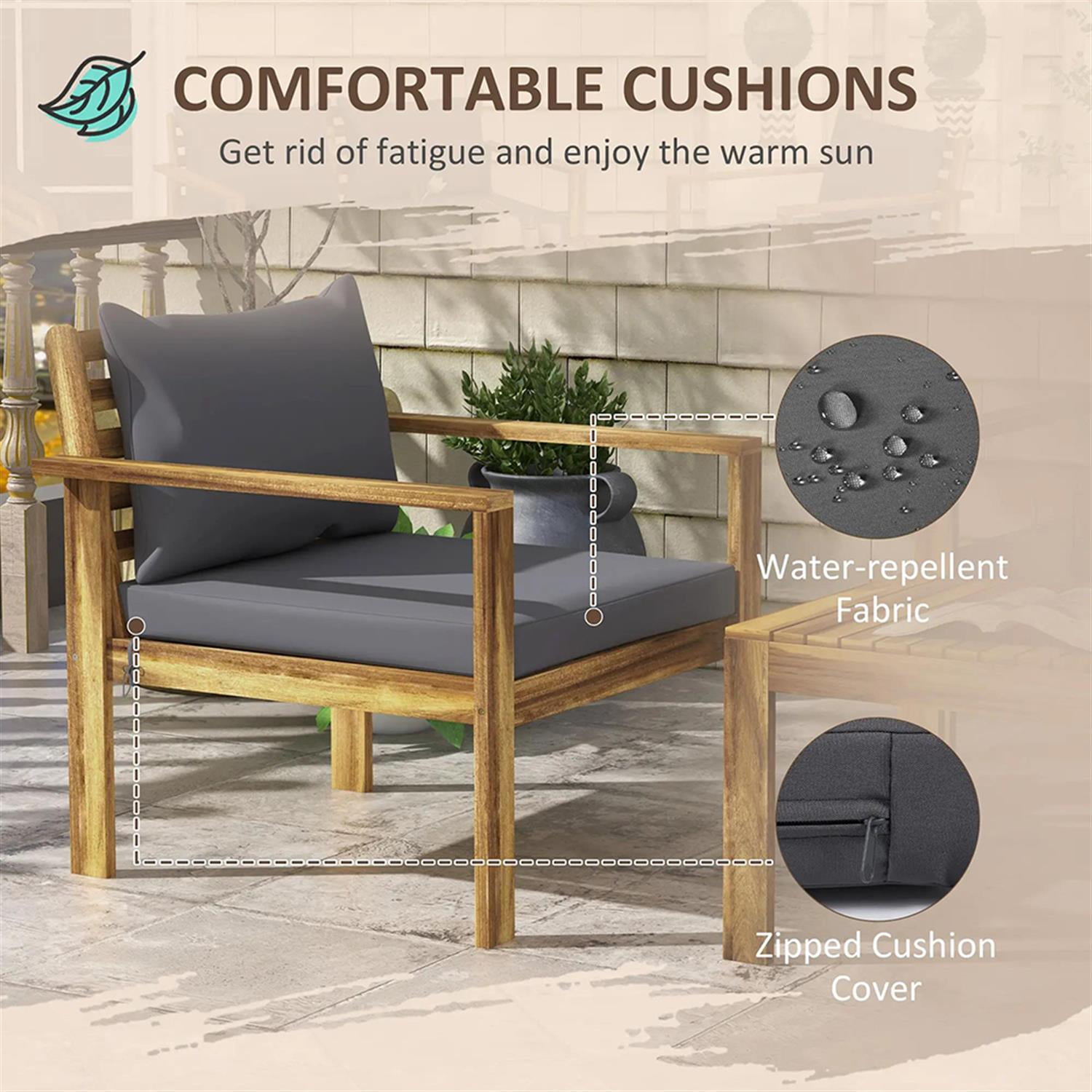 Demi Bonn 4-Piece Outdoor Conversation Sofa, Patio Furniture Set with 2 Acacia Wood Chairs Cushions & Coffee Table for Backyard, Balcony, Porch, Brown