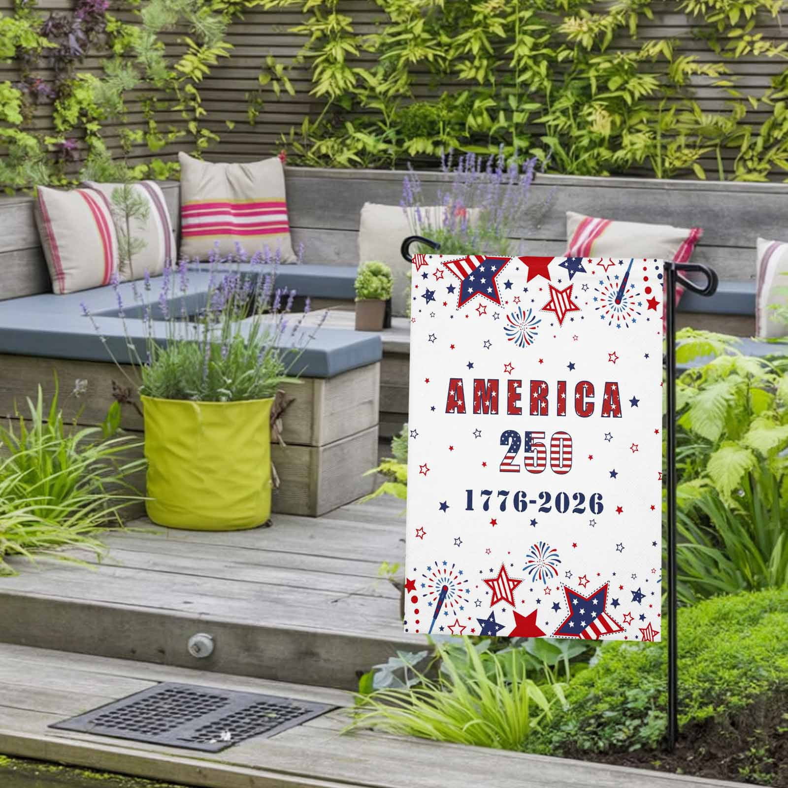 4th of July Garden Flags Patriotic Stars Fireworks Garden Flag Double Sided Welcome Flag America 250th USA Flag Independence Day Yard Flags for Outdoor Lawn Porch Memorial Day Decor 28x40 Inch