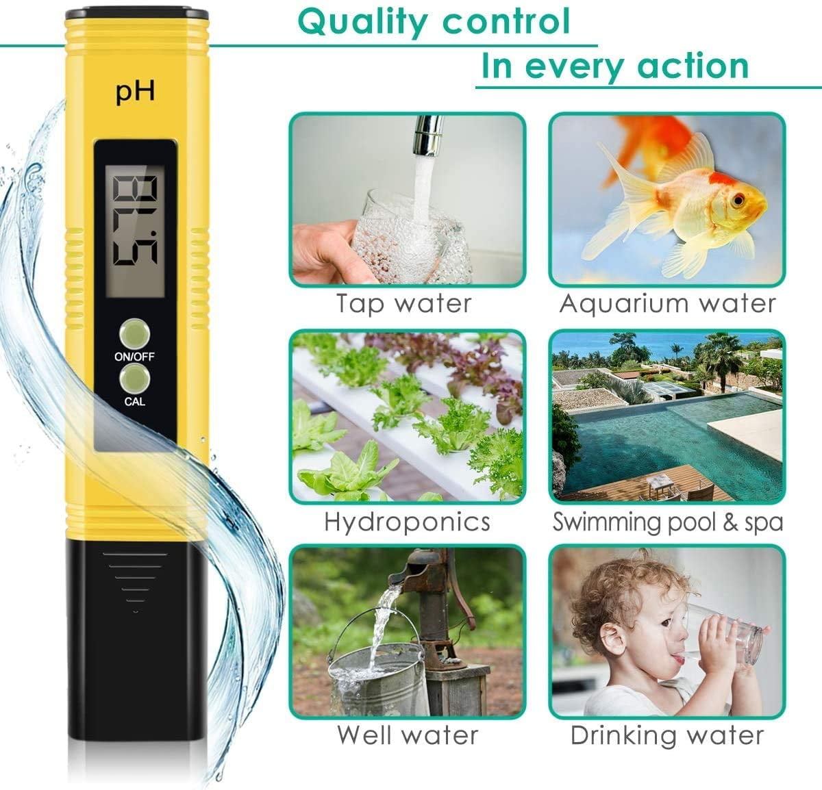 High Accuracy Pocket Size Digital PH Meter Water Quality Tester for Household Drinking Water Hydroponics Aquariums Swimming Pools Yellow One Size 