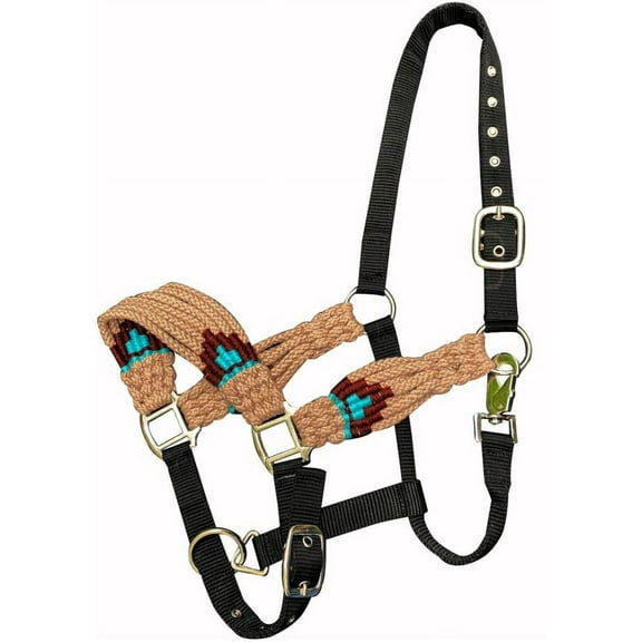 Showman Nylon Bronc Halter w/ Tan & Teal Multi-Strand String Nose