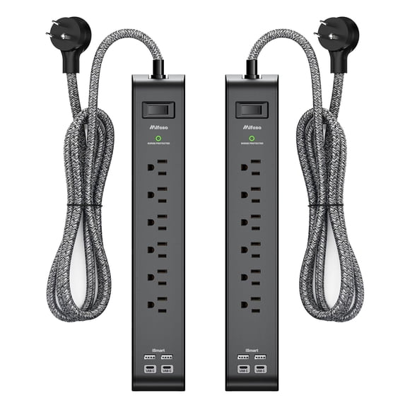 Paquete de 2 regletas de alimentación con protector contra sobretensiones con 6 tomacorrientes, 2 puertos USB, cables de extensión trenzados resistentes de 5 pies de largo, enchufe plano, disyuntor de