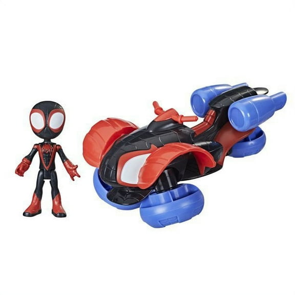 Marvel Spidey and His Amazing Friends Change 'N Go Techno-Racer Vehicle and Miles Morales: Spider-Man 4-inch Action Figure, for Kids Ages 3 and Up , Black