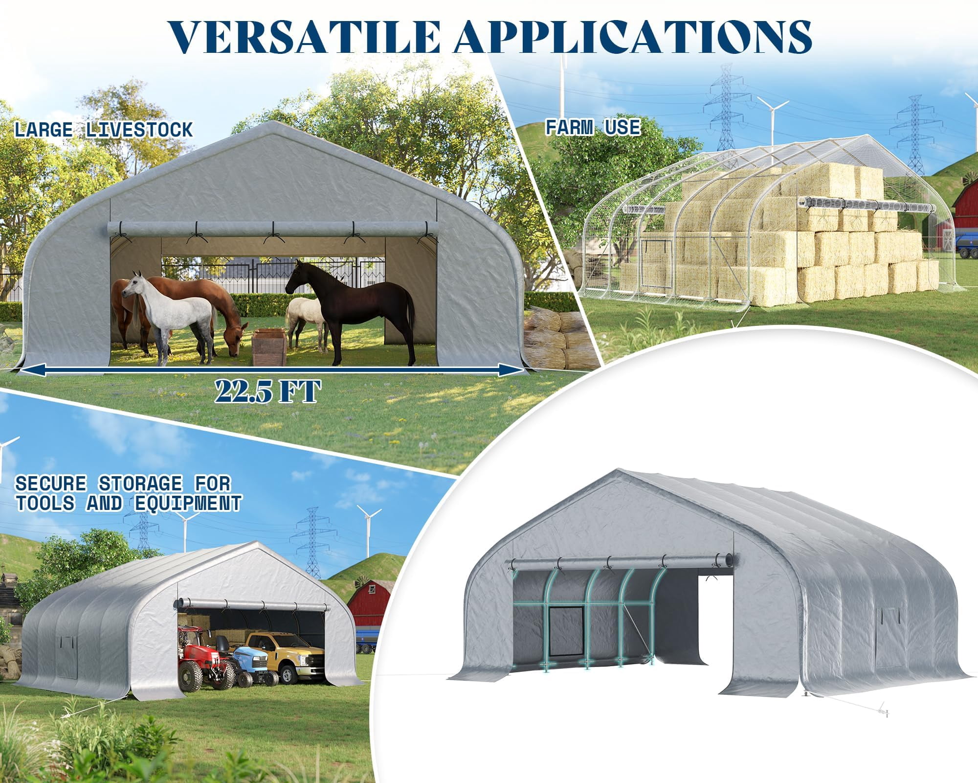 Amerlife 22.5'×20' Heavy Duty Double Carport, Galvanized Steel Frame Garage Shelter, Outdoor Storage, Waterproof 3-Layer PE Cover, Silver Gray