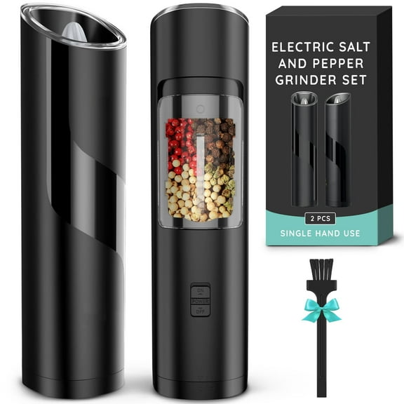 Gravity Electric Salt and Pepper Grinder Set of 2,Battery Operated,Adjustable Coarseness,One Hand Operation,Electric Pepper Grinder LED Light & Cleaning Brush