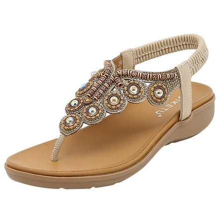 

Juebong Women Rhinestones Roman Sandals Vintage T-Strap Peep Toe Sandal Shoes Low-heeled Slip On Shoes Yellow B 7